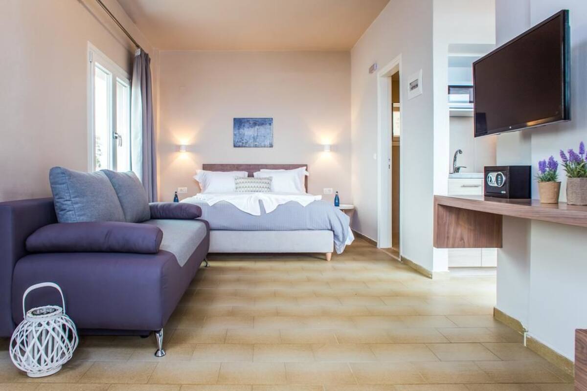 A bedroom with a bed, a sofa, a TV, and a desk.
