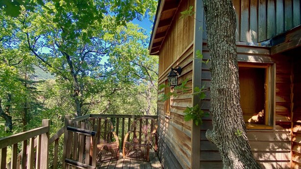 Une cabane en bois dotée d’une terrasse, entourée d’arbres.