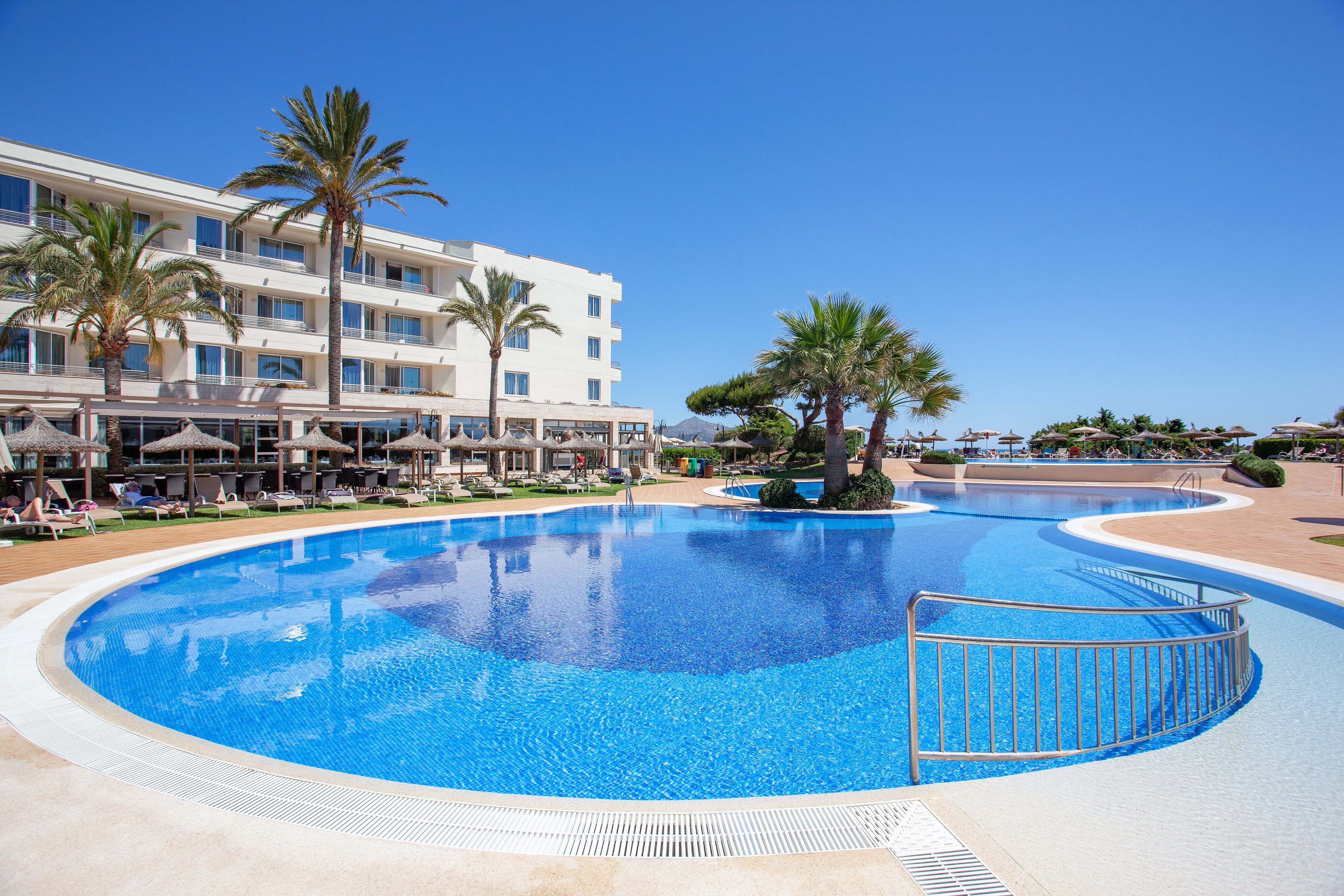 A large swimming pool with a palm tree and a hotel building in the background.