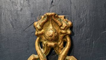 Un llamador de metal detallado y ornamentado con motivos de león.