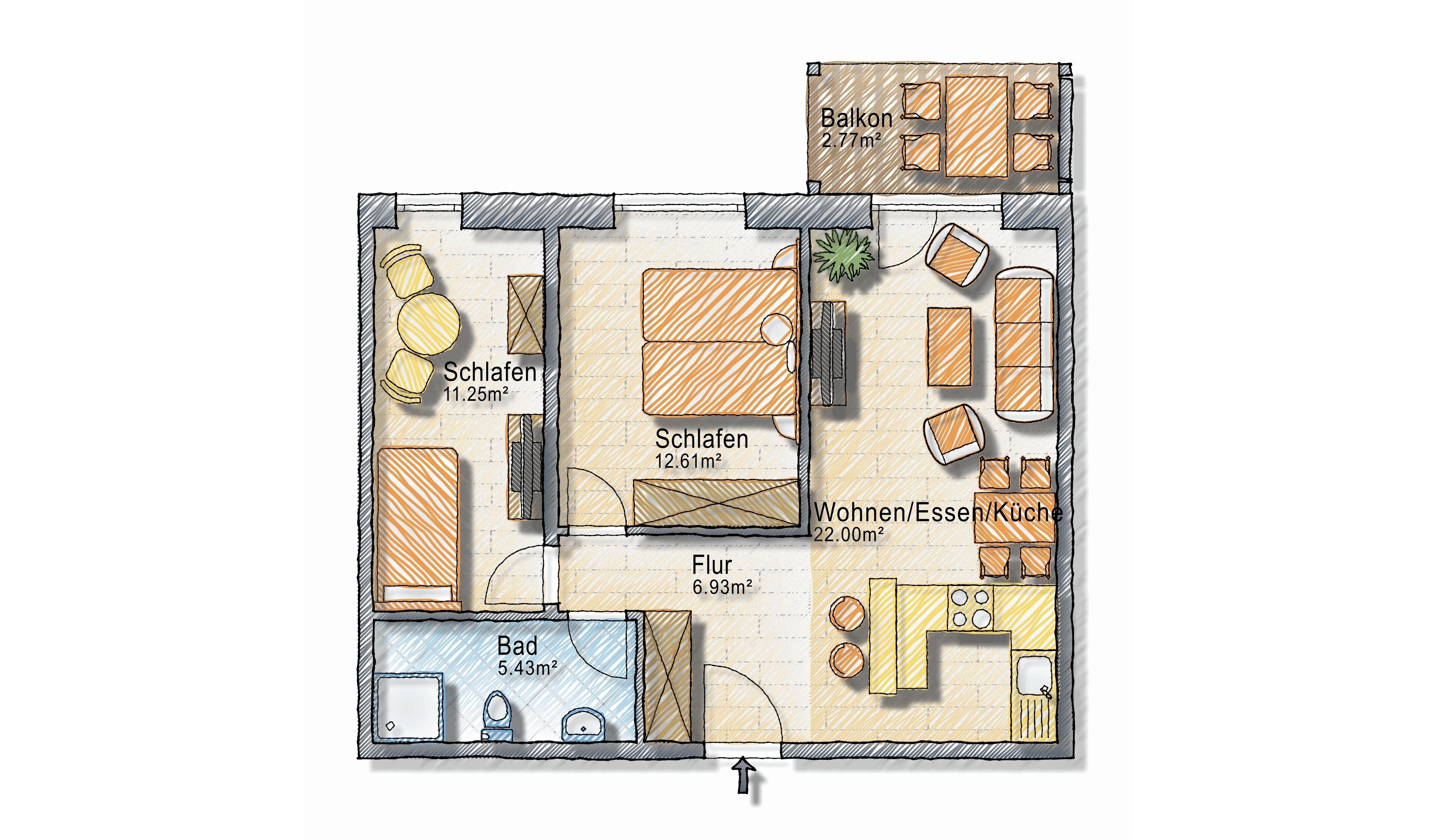 Un plan d’étage d’un hôtel comprenant un balcon, deux chambres, une salle de bain, un espace de vie, une cuisine et une petite salle de toilette.