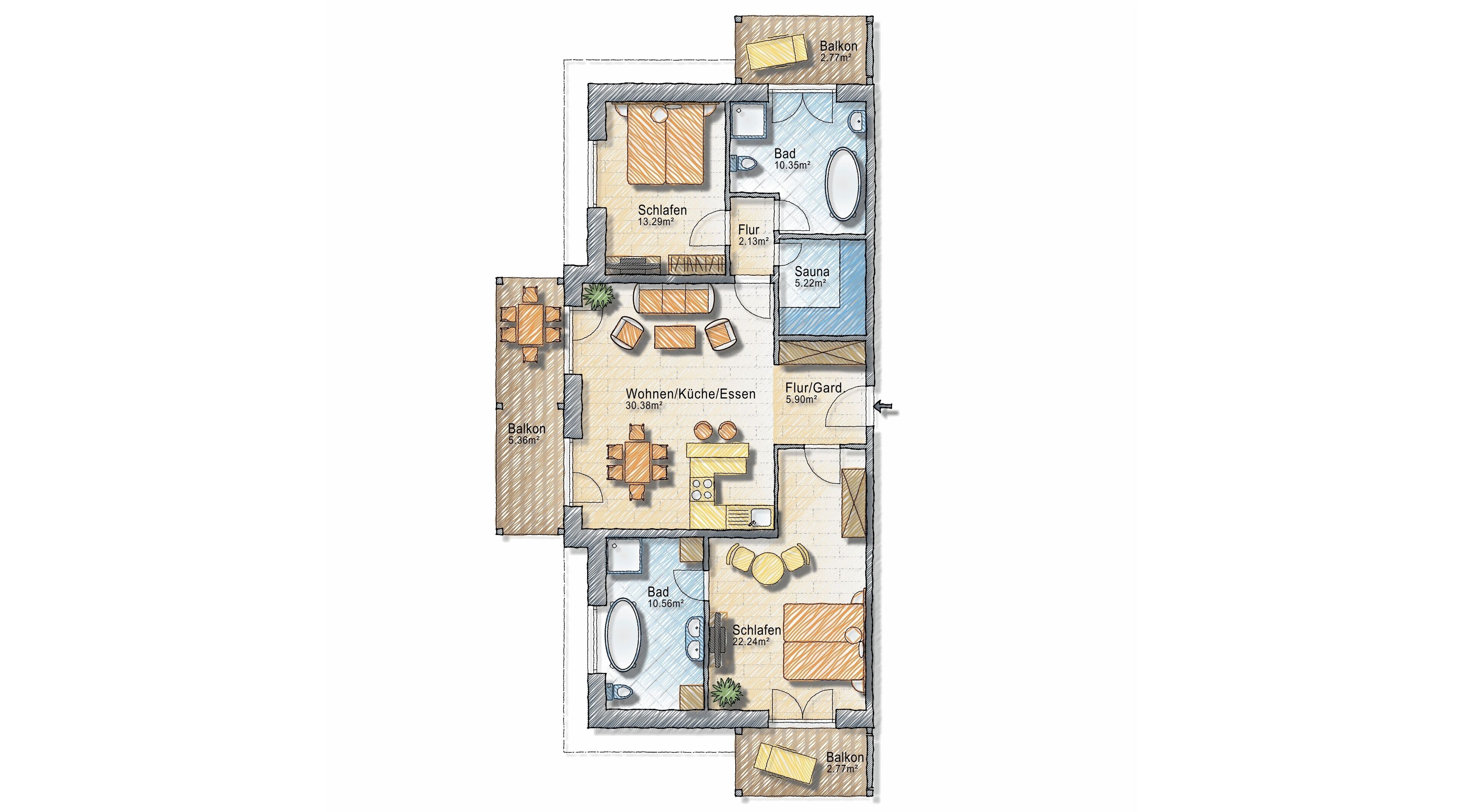 A floor plan of a hotel with a living area, kitchen, dining room, two bathrooms, a sauna, and a balcony.