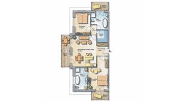 A floor plan of a hotel with a living area, kitchen, dining room, two bathrooms, a sauna, and a balcony.