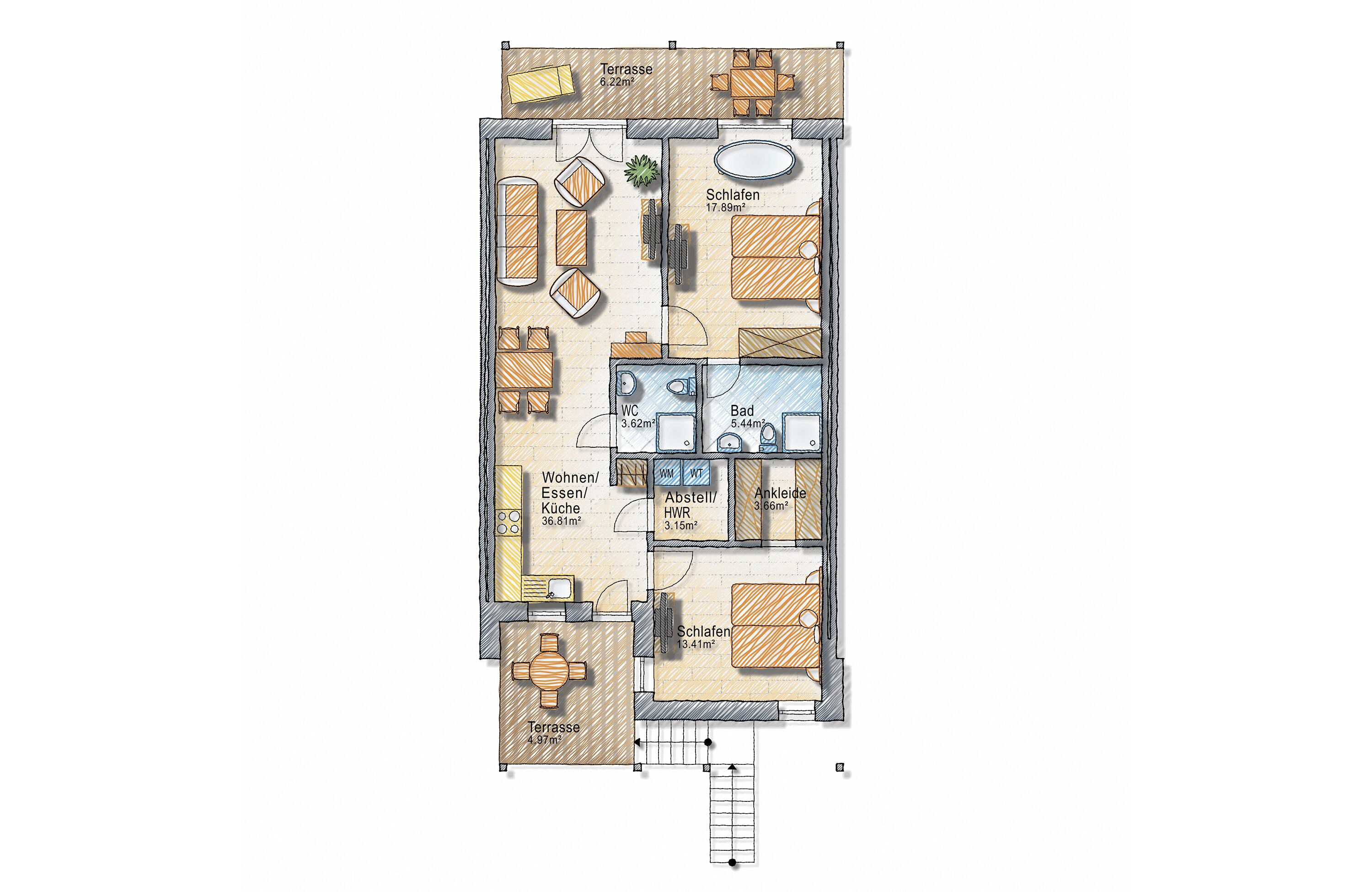A floor plan of a hotel with a terrace, living/dining area, bathroom, and bedroom.