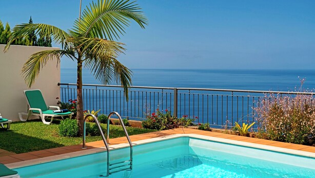 Piscina com escada de metal, uma palmeira e vista para o oceano.