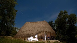 A thatched-roof hut with a simple, open interior, surrounded by trees and grass.