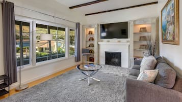 Smart TV, fireplace, Netflix, books