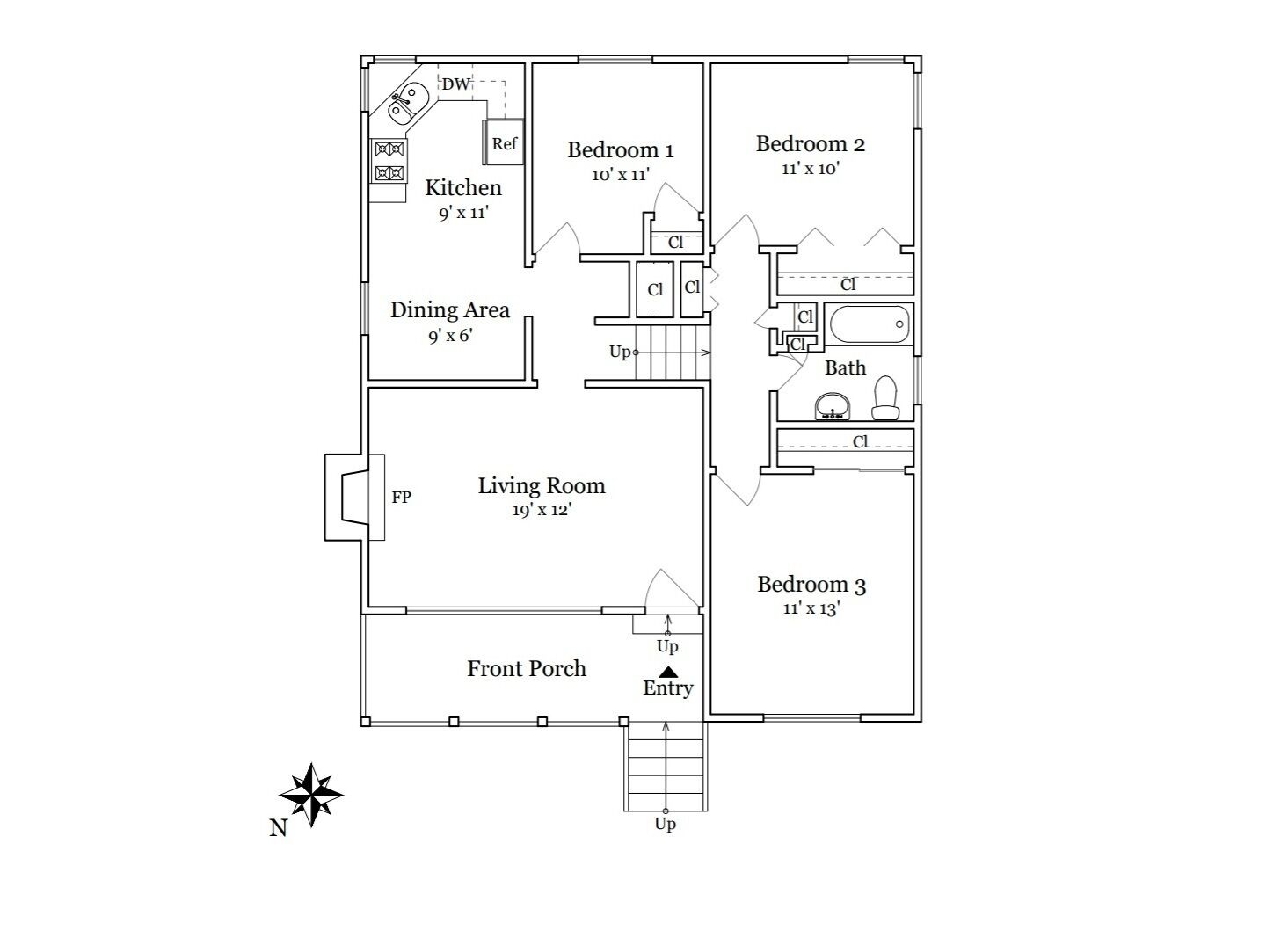 A floor plan of a house with a kitchen, dining area, living room, three bedrooms, a front porch, and an entryway.