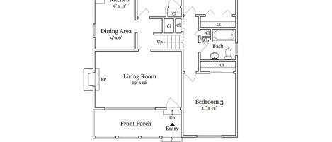 A floor plan of a house with a kitchen, dining area, living room, three bedrooms, a front porch, and an entryway.