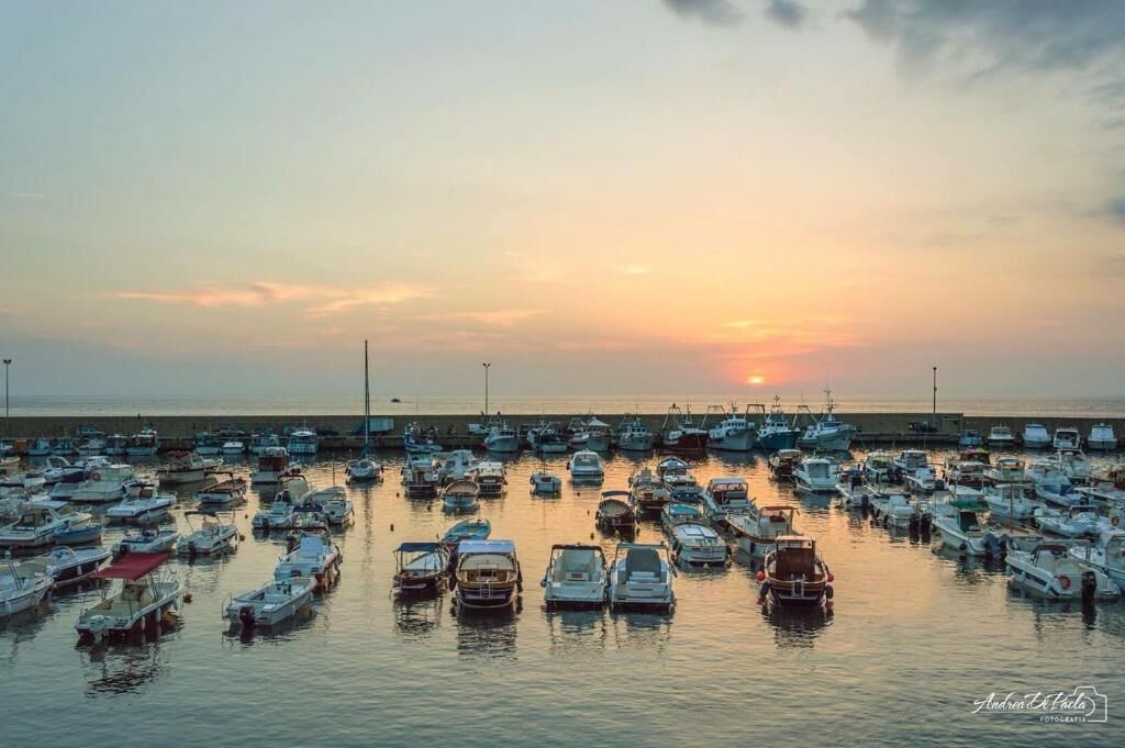 A marina filled with boats during sunset.