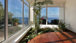 Una habitación con ventanas amplias, suelo de madera y plantas en macetas.