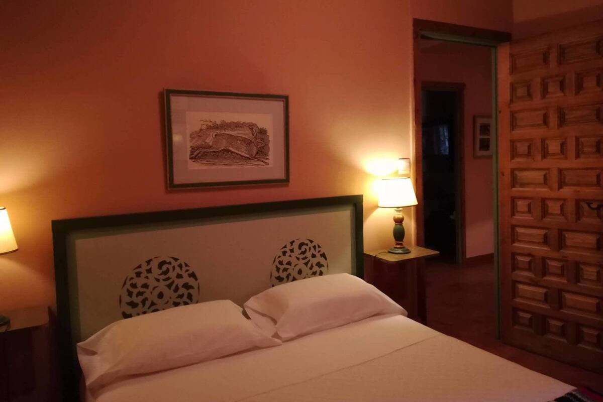 Une chambre d’hôtel avec un lit, deux lampes, un tableau encadré au mur et une porte à motifs.