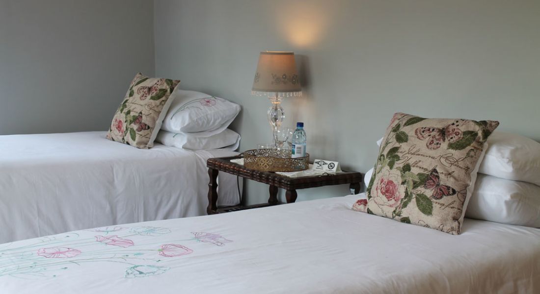 A bedroom with two beds, each with floral-patterned pillows and a bedside table with a lamp and a glass of water.