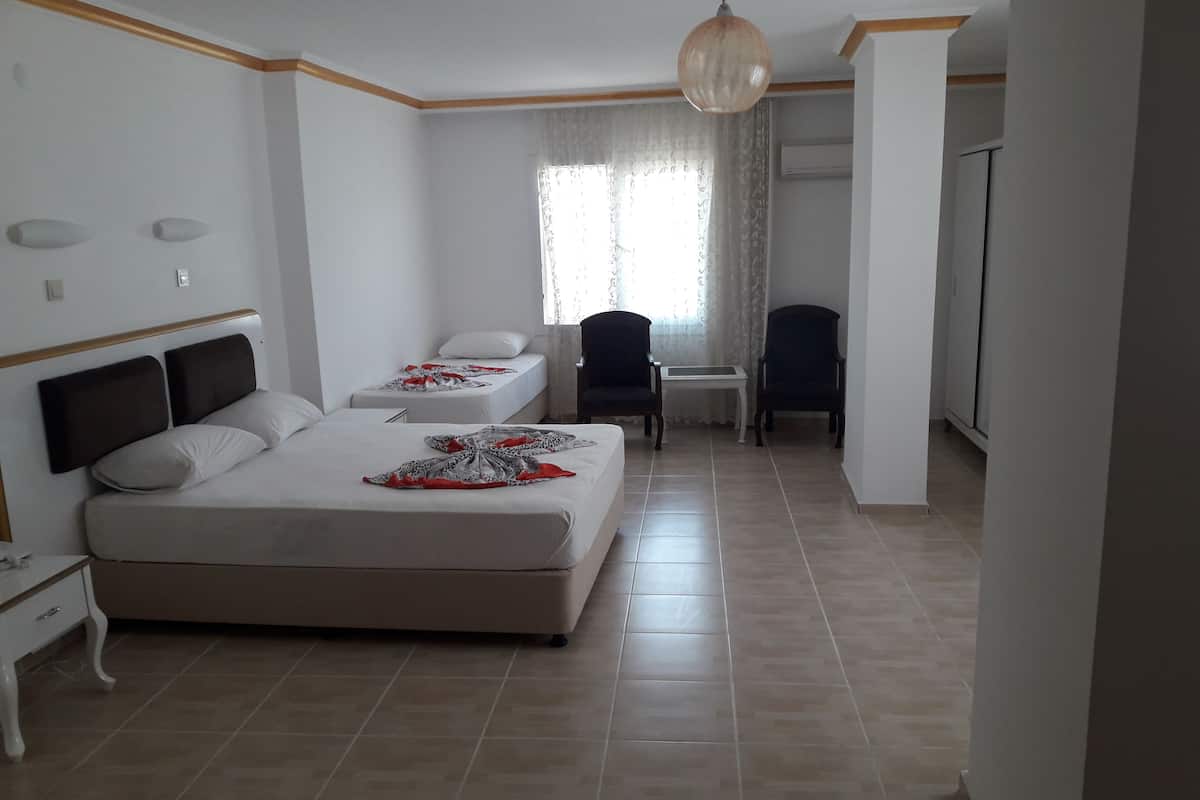 Habitación de hotel con una cama grande, una cama más pequeña, un escritorio, dos sillas, una lámpara colgante y un armario.