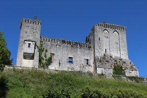 Un château de pierre ancien, doté d’une haute tour, de fenêtres en arc et d’une structure partiellement en ruine.