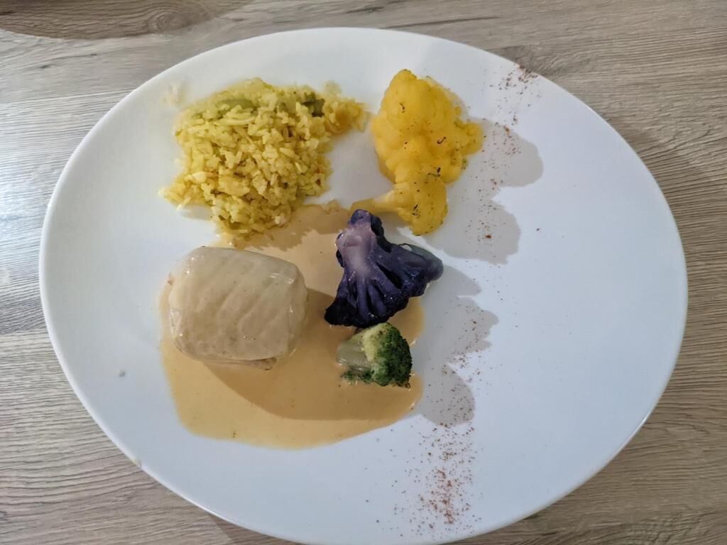 Un plato con alimentos, incluyendo arroz, un trozo de carne y verduras.
