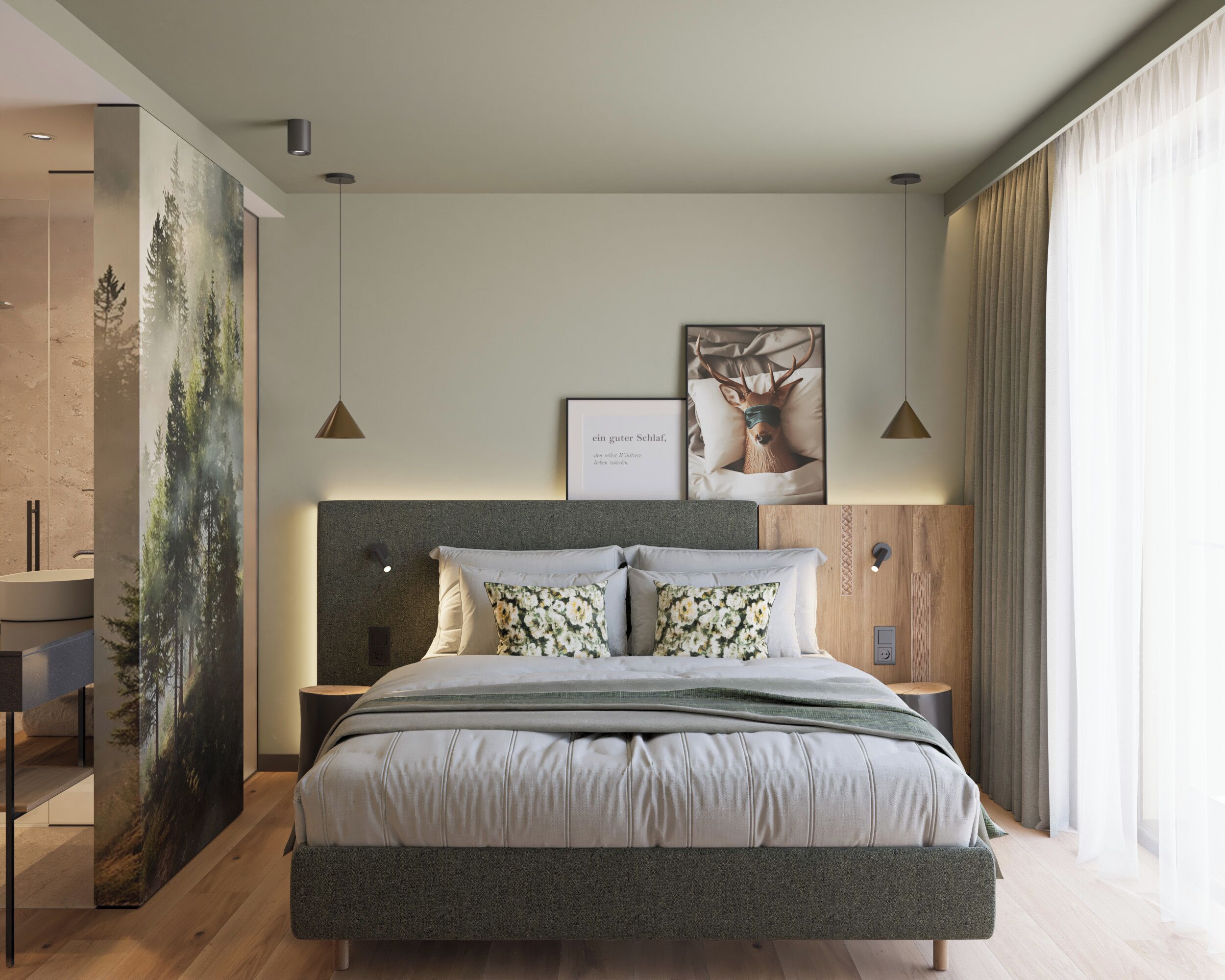 Ropa de cama hipoalergénica y caja de seguridad en la habitación 