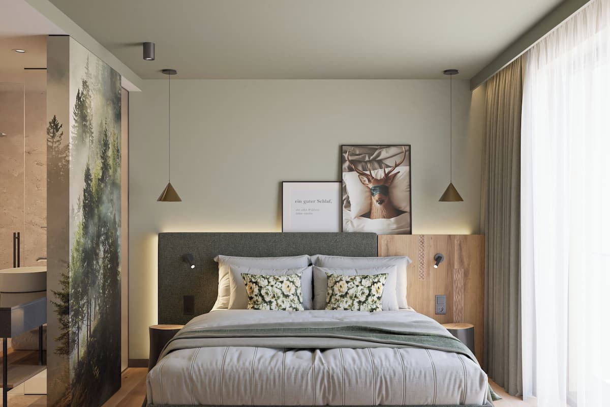 Ropa de cama hipoalergénica y caja de seguridad en la habitación