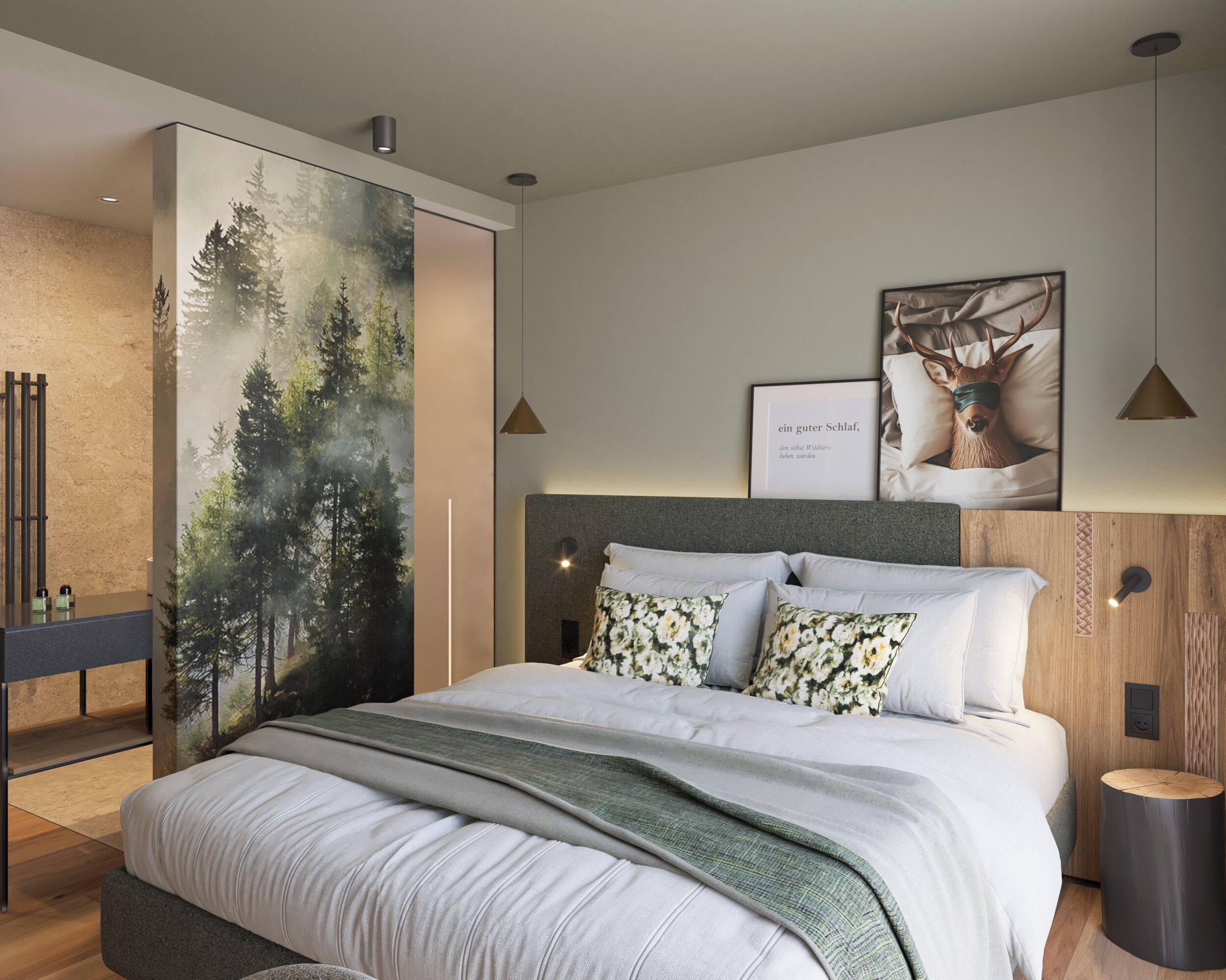 Ropa de cama hipoalergénica y caja de seguridad en la habitación 