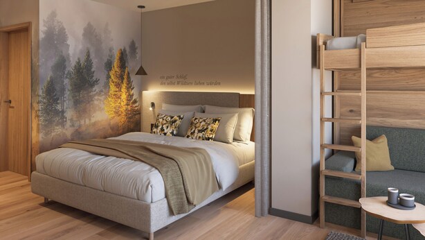 A bedroom with a bed, a wall mural, a wooden ladder, and a small table with candles. - Hotel Ziach & Candy (Grossarl)