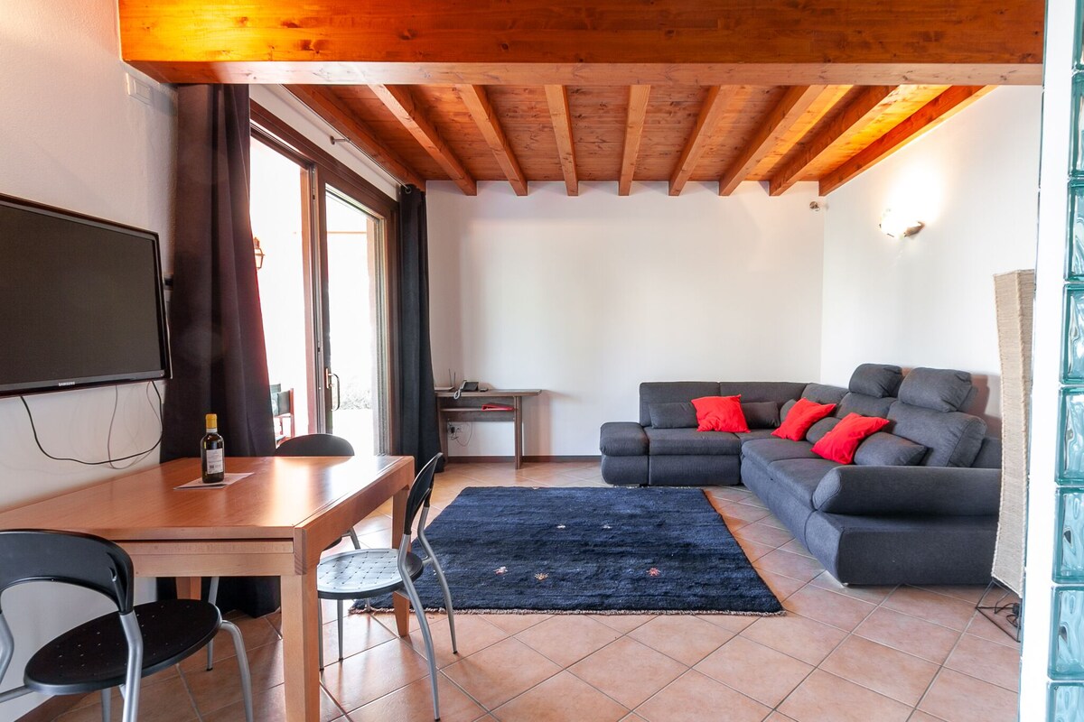 Un salon avec un plafond en bois, un canapé gris agrémenté de coussins rouges, un tapis noir, une table en bois avec deux chaises et un téléviseur fixé au mur.