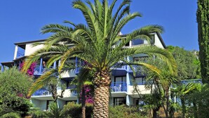 Un immeuble à plusieurs étages doté de balcons, entouré d’une végétation luxuriante et de palmiers.