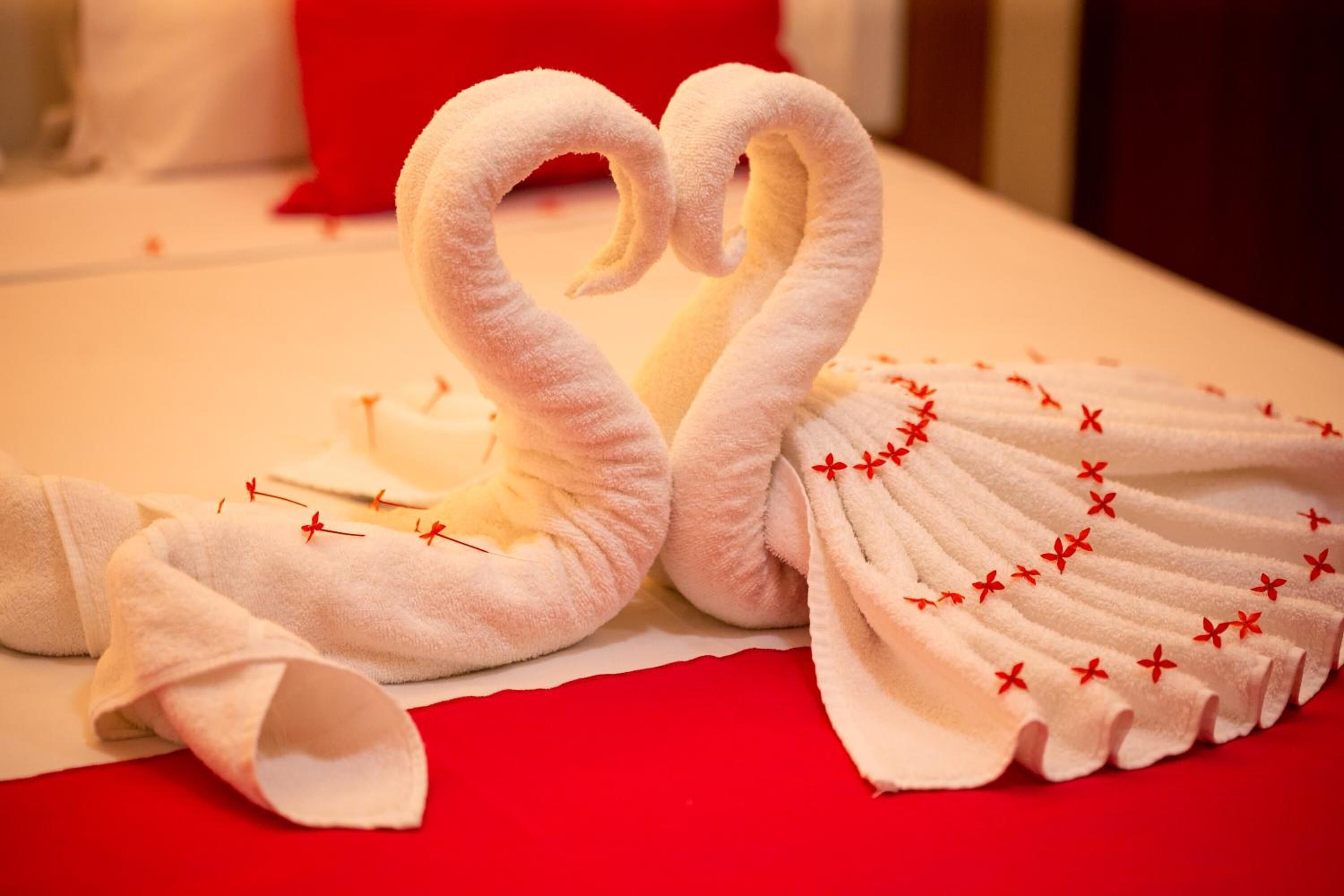 Een bed met witte handdoeken gevouwen in de vorm van zwanen, een rood kussen en een witte dekbedovertrek.