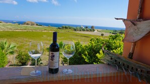 A table with a bottle of wine and two glasses, overlooking a scenic landscape with fields and the sea. - Alekos Beach Houses - Natura Gialla (Kefalonia)
