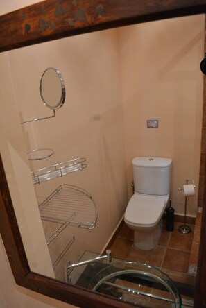 Een badkamer met toilet, een douchecabine van glas en een metalen handdoekrek.