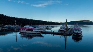 Un port de plaisance où plusieurs bateaux sont amarrés dans une zone d’eau calme.