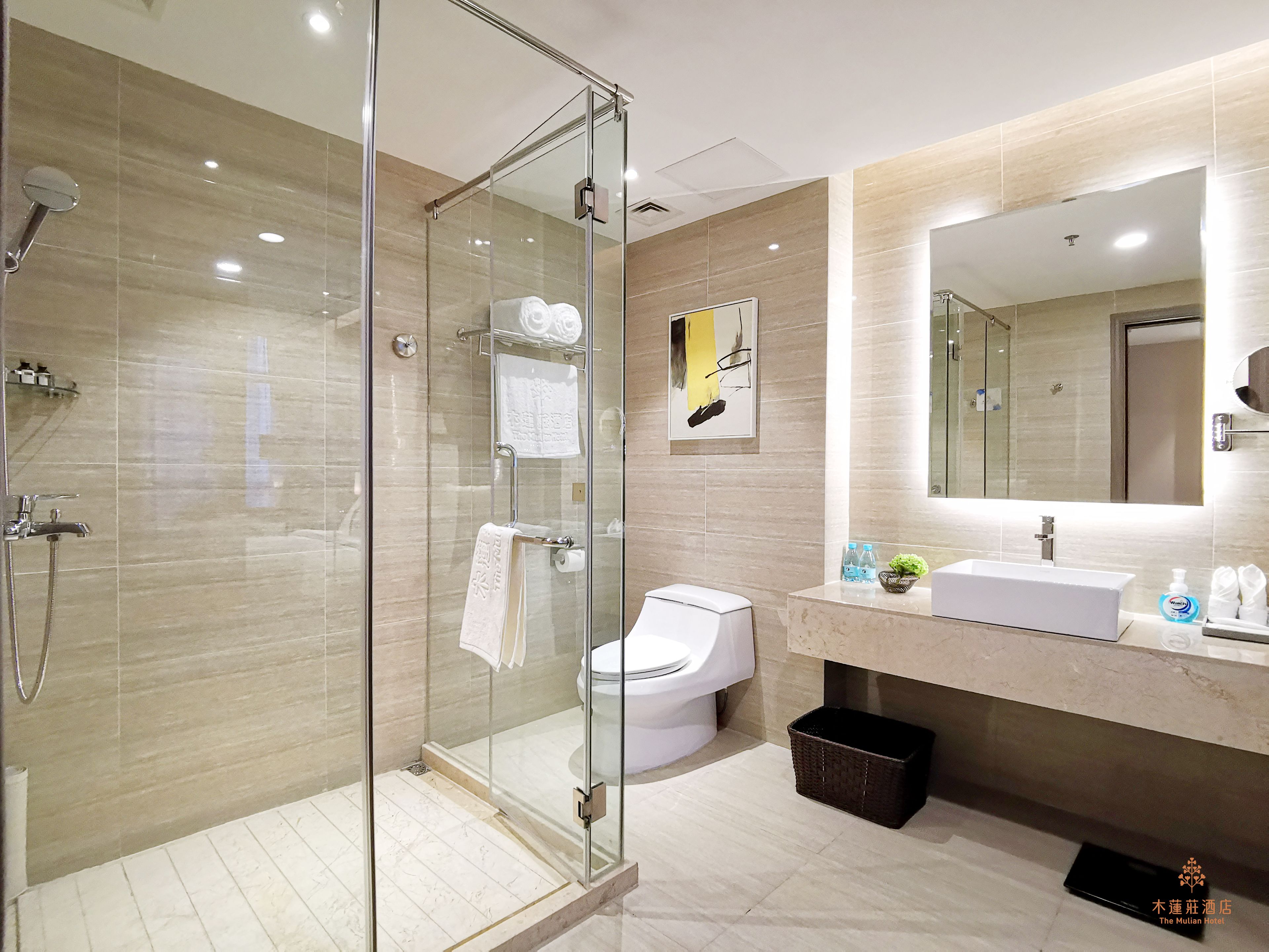 Un baño moderno con ducha envuelta en vidrio, inodoro y lavamanos con espejo arriba.