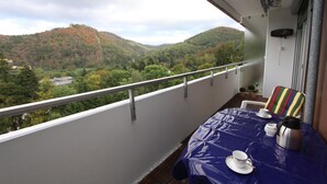 A balcony with a table set for tea, overlooking a forested valley. - Ferienwohnung Riefenbach (Bad Harzburg)