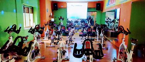 A gym with multiple stationary bikes arranged in rows.