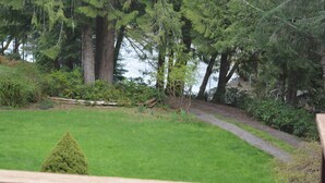 A pathway leading to a body of water, surrounded by dense greenery and trees. - Two Herons Cottage (Shelton)
