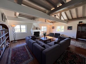 Smart TV, fireplace, video games, DVD player