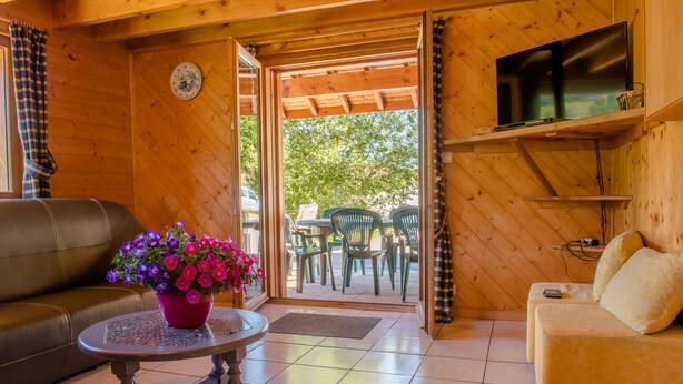 Ein gemütliches Zimmer mit Holzvertäfelung, einem an der Wand befestigten Fernseher, einer Couch, einem kleinen Tisch mit Blumenvase und Blick auf Gartenmöbel und Grün durch eine offene Tür.