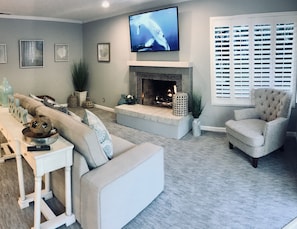 Smart TV, fireplace, books