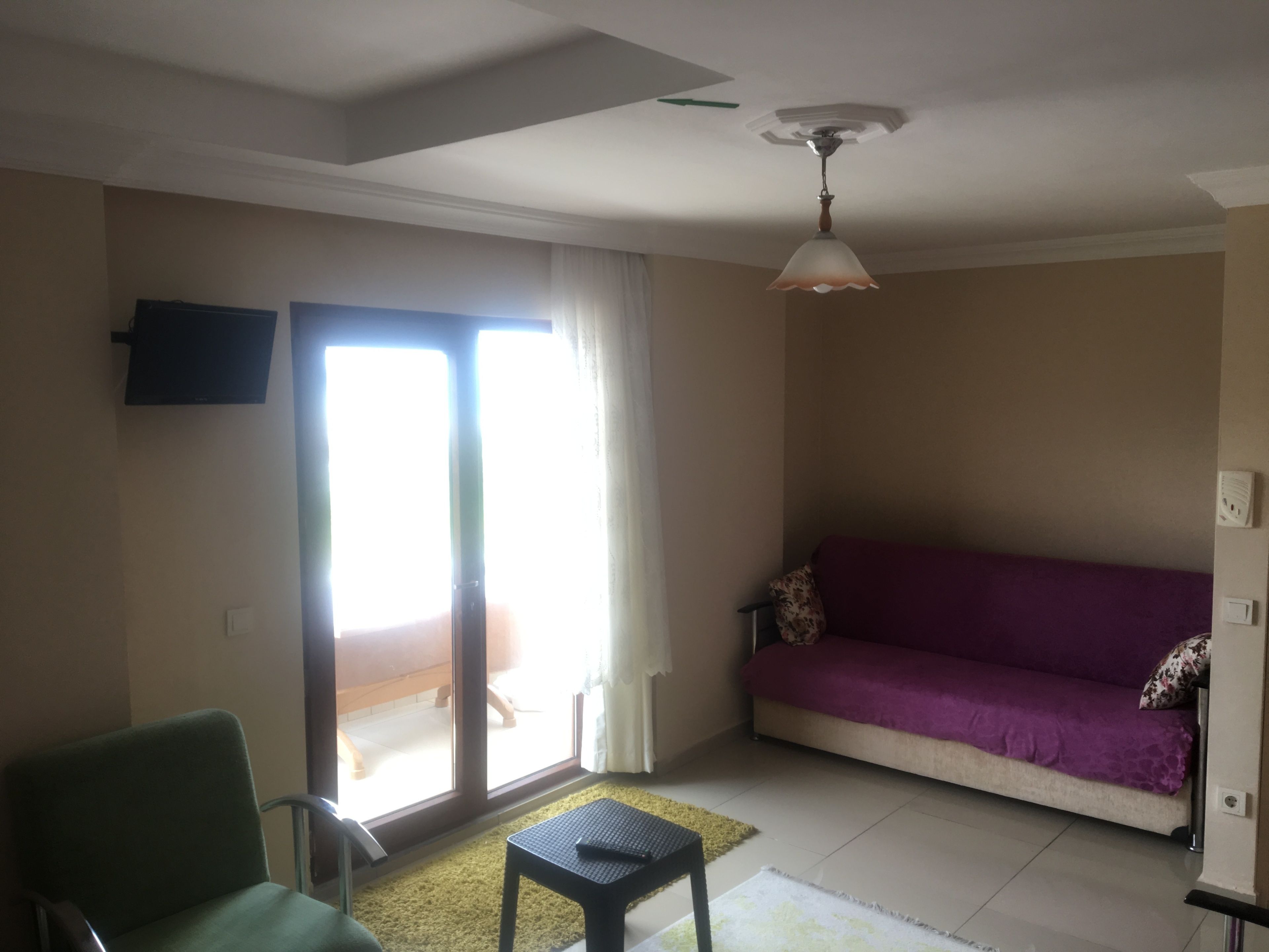A living room with a green armchair, a purple sofa, a small table, and a ceiling fan.