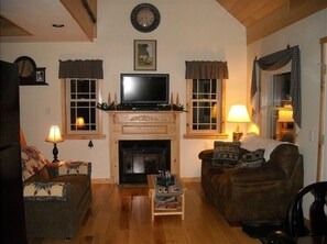 TV, fireplace, DVD player, books
