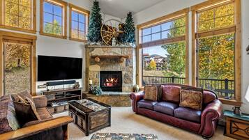 Televisión, chimenea y estéreo