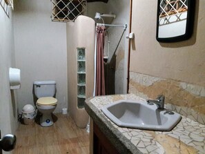 Shower, free toiletries, hair dryer, towels