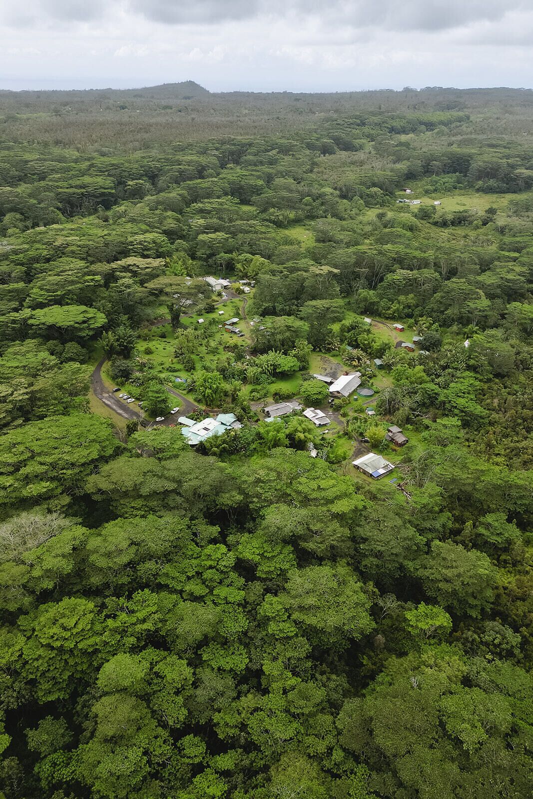 Vista aérea de uma paisagem exuberante e verde, com edifícios dispersos, estradas e alguns veículos.