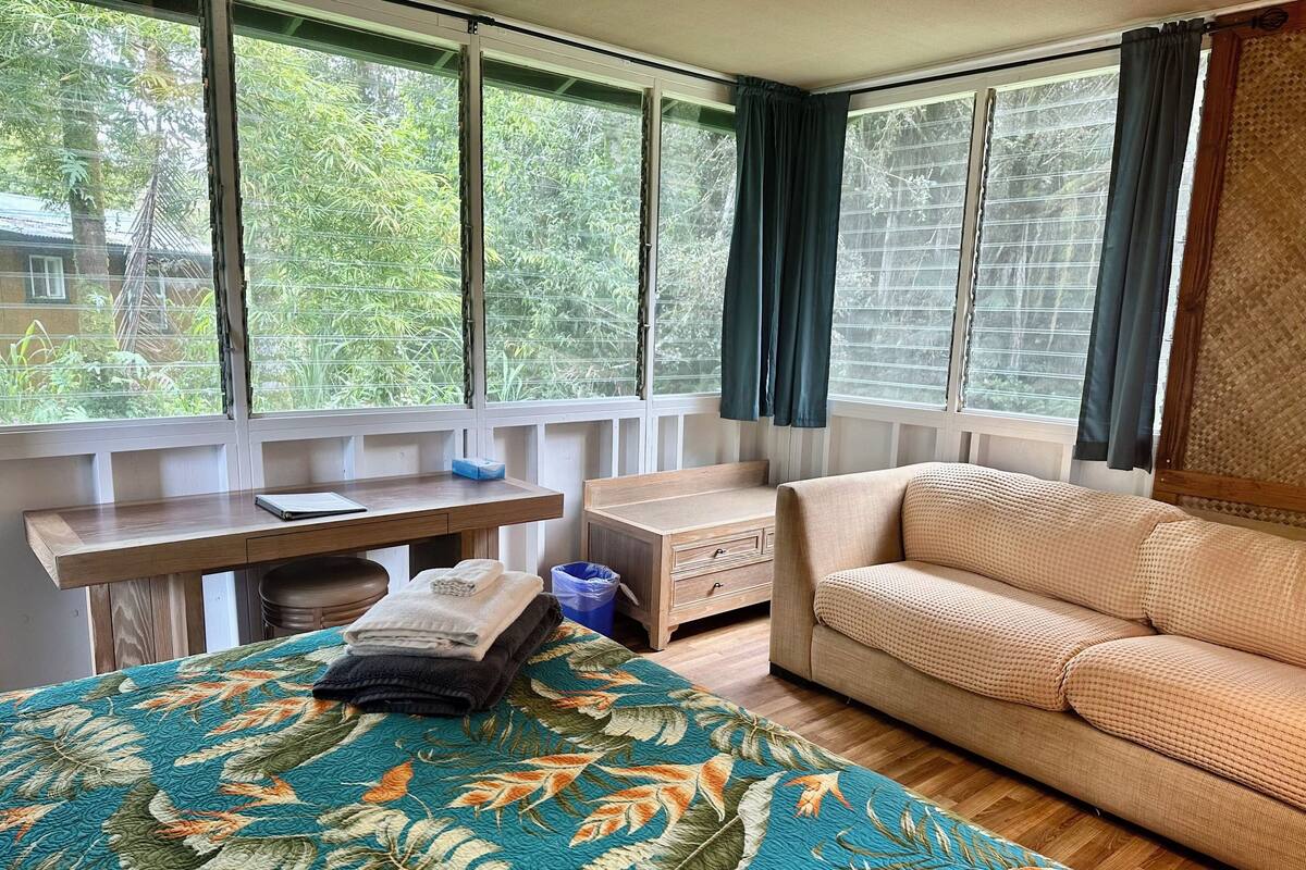 A room with a bed, a desk, a chair, a sofa, and large windows with curtains.