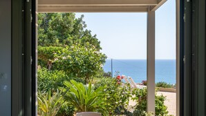A view from a window of a room with a table, chairs, and potted plants.