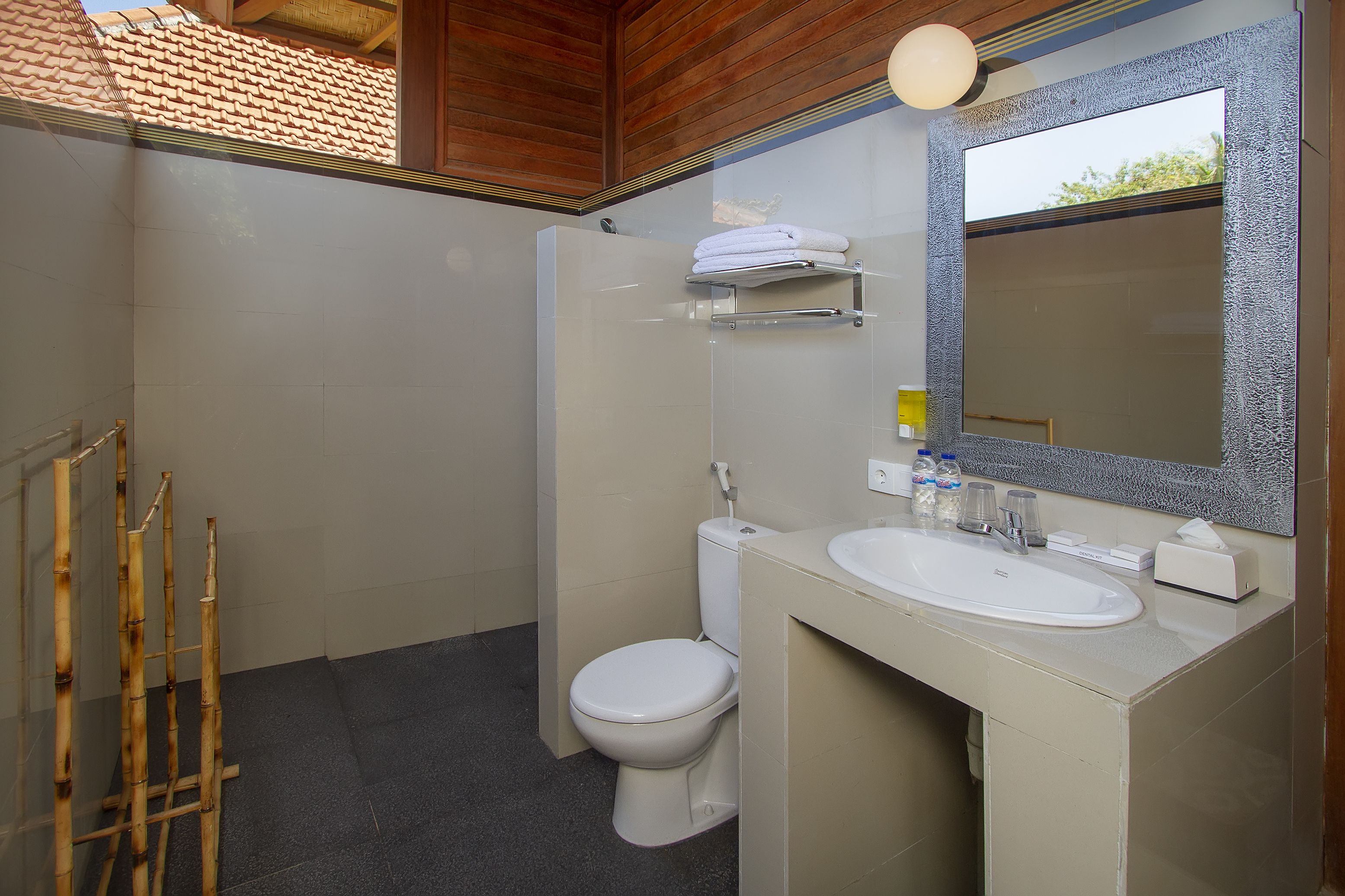 A bathroom with a toilet, a sink, a mirror, and a shower.