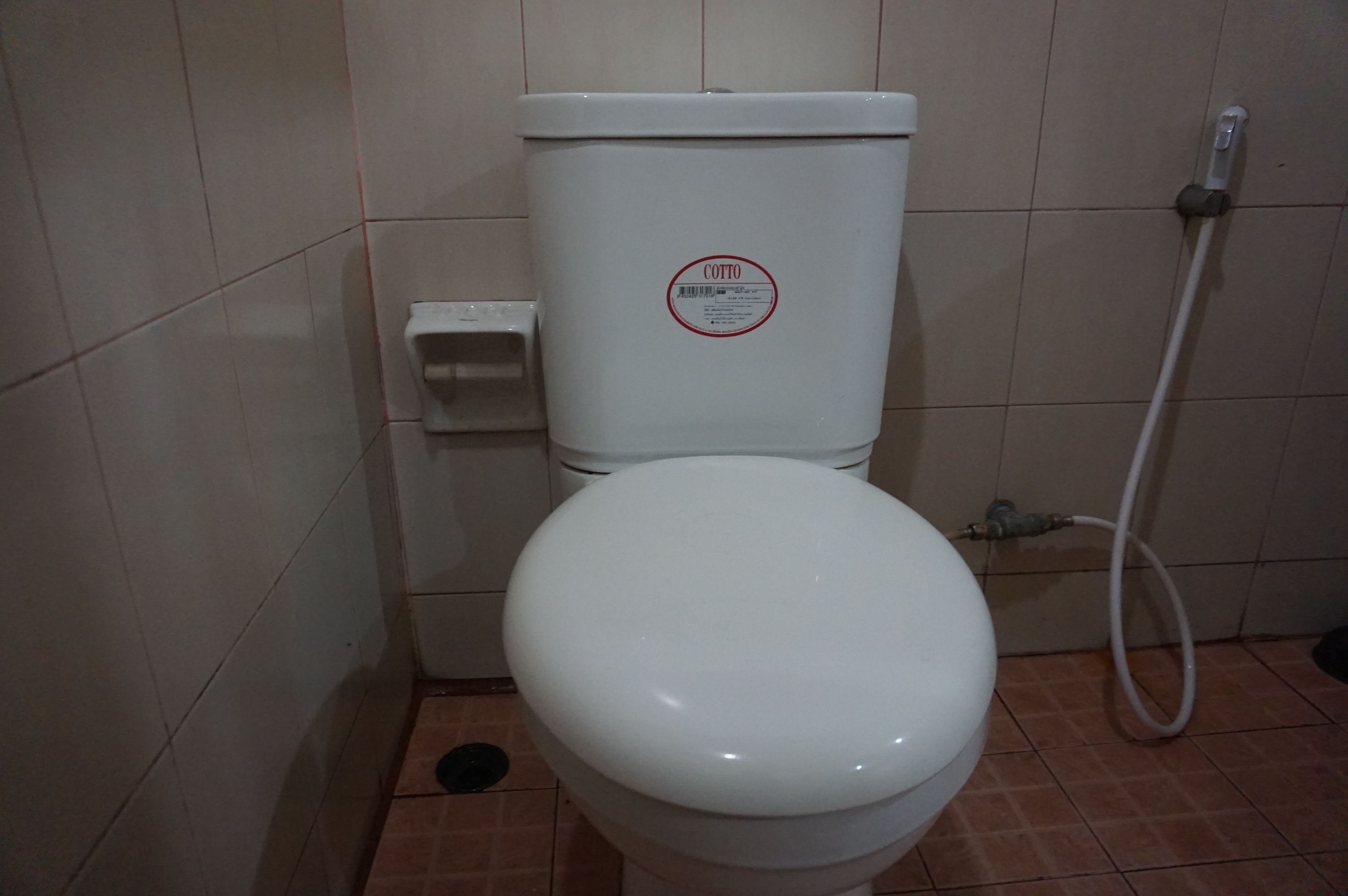 Un inodoro blanco con etiqueta Cotto, un accionador de carga y una manguera de bidé en un baño con baldosas.