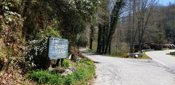 A sign for 'Line Runner Ridge Private' along a rural road with a curve, surrounded by dense forest.