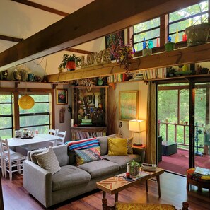 TV connectée, cheminée, livres