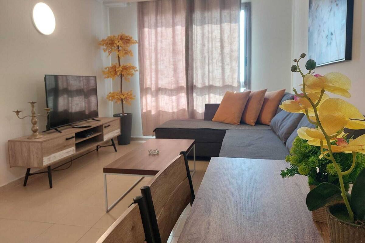 Un salon moderne avec un canapé, un téléviseur, une table basse et une plante en pot.