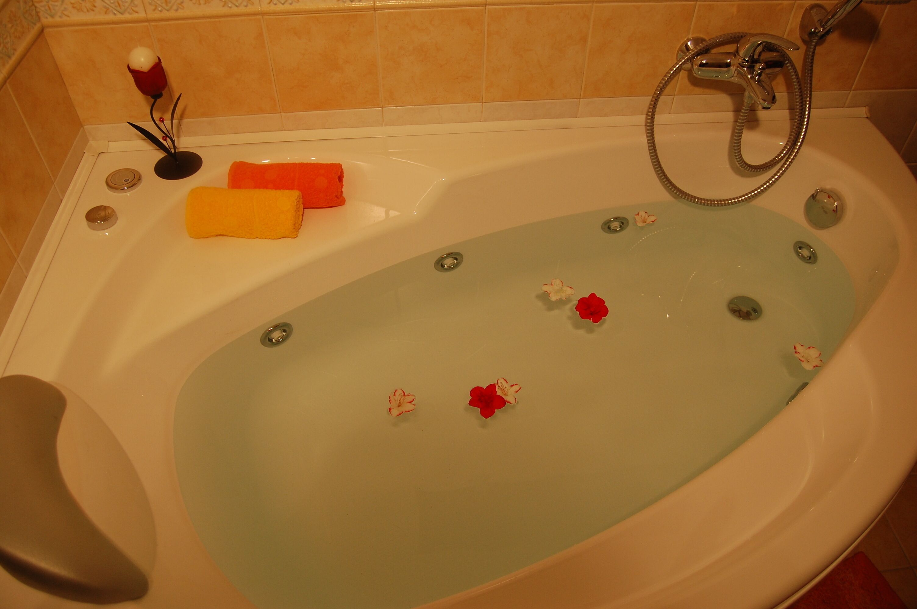 Uma banheira com chuveiro, duas esteiras de banho e pétalas de rosa flutuando na água.